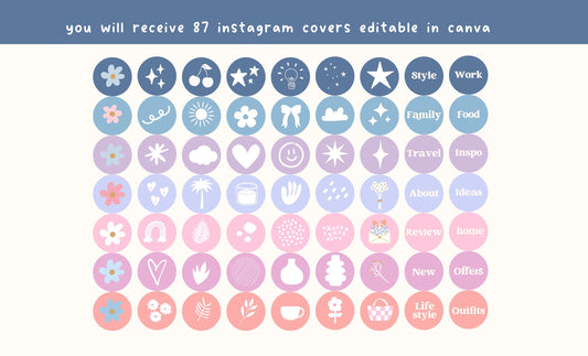 Portada de historia destacada de Instagram divertida y pastel, íconos, íconos dibujados a mano, íconos de redes sociales, íconos lindos de Instagram en colores pastel, plantilla de Canva