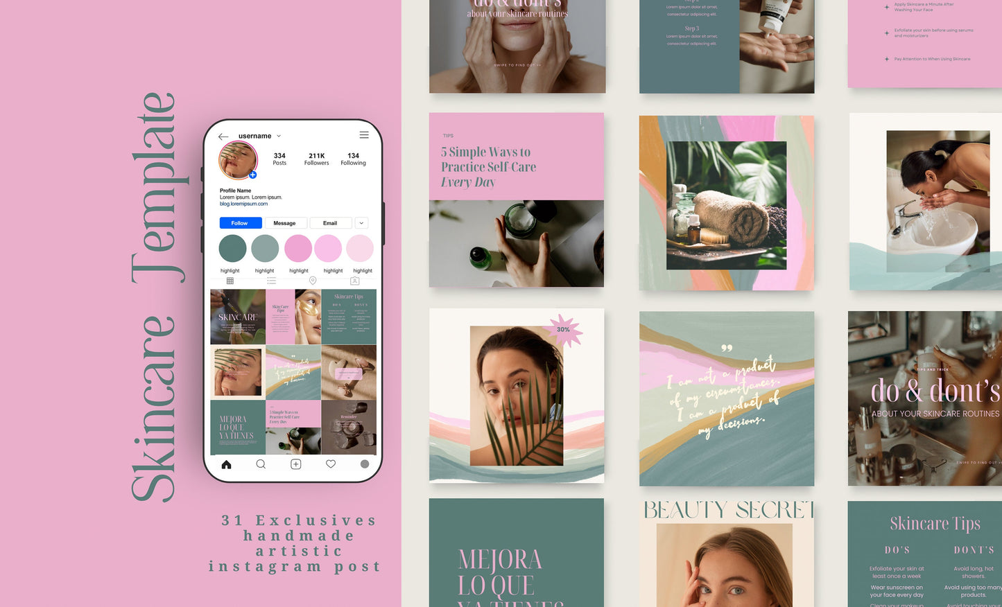Feed de Instagram de Skincare Boho / Diseño artístico / Canva: plantillas de pintura hechas a mano, estrategia de alto impacto visual y participación para pequeñas empresas