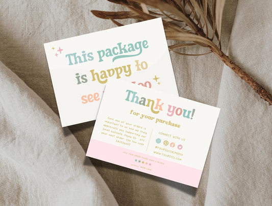 Plantilla de tarjeta de agradecimiento colorida y editable en CANVA, tarjeta de agradecimiento al cliente, inserto de empaque para pequeñas empresas HC01