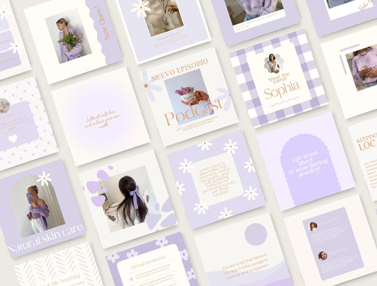 Plantillas de Instagram delicadas en lila pastel para coaches, boutiques y pequeñas empresas, feed de compromiso estético, feed minimalista en lila