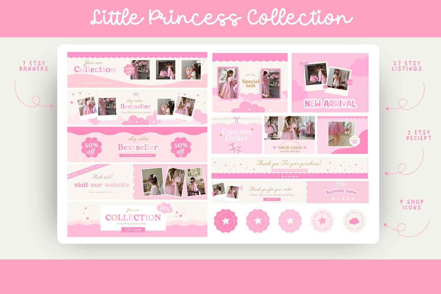 Kit de tienda Etsy rosa, lindo y divertido: incluye plantillas de banner y anuncios para Etsy. Plantillas divertidas de Canva para impulsar tu tienda online.