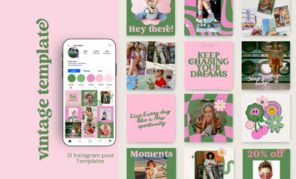 Feed de Instagram moderno y elegante de estilo retro, plantilla de Canva, estrategia de participación de publicaciones vintage para pequeñas empresas, blogueros de estilo de vida