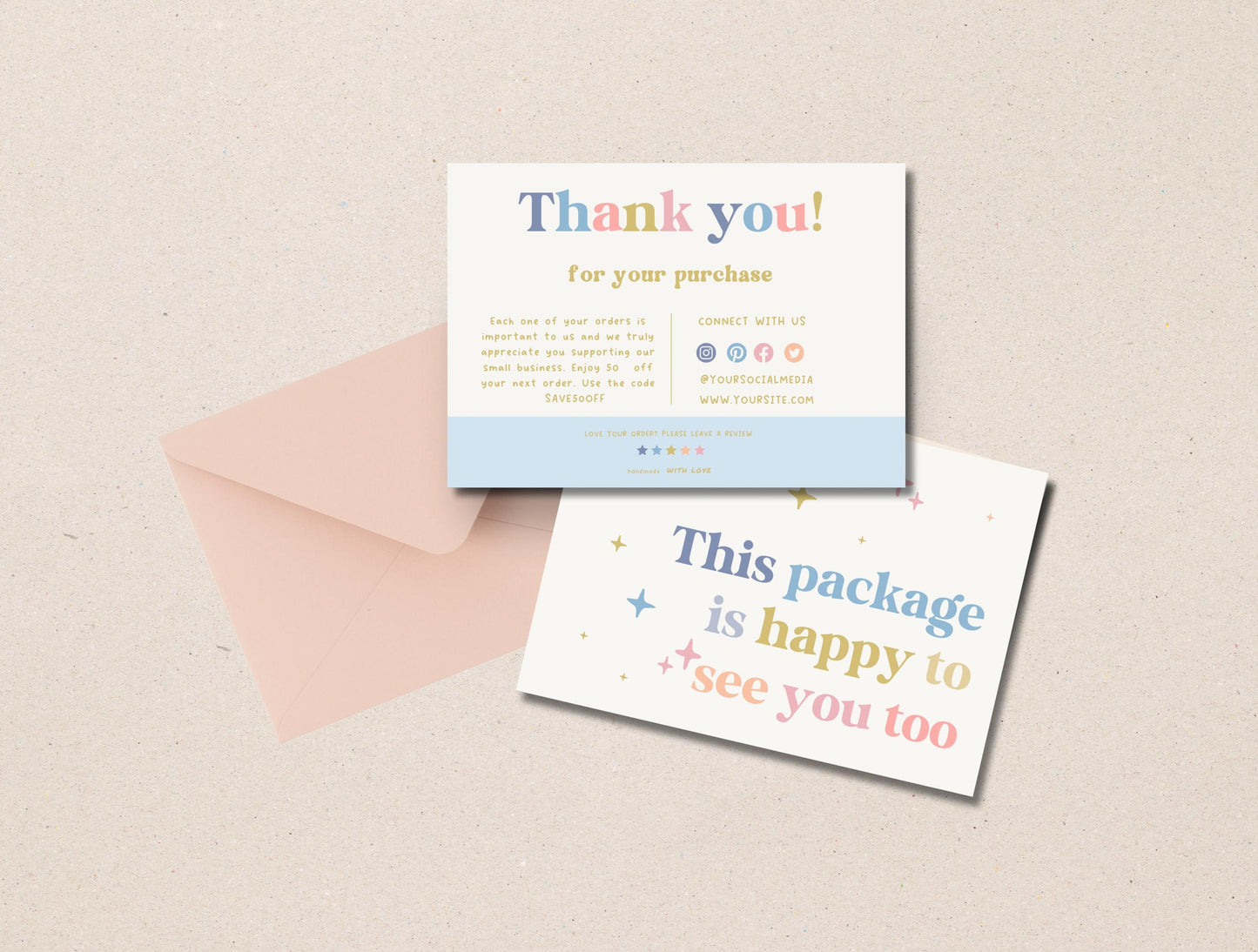 Plantilla de Canva de tarjeta de agradecimiento colorida editable/tarjeta de agradecimiento al cliente/inserto de empaque para pequeñas empresas