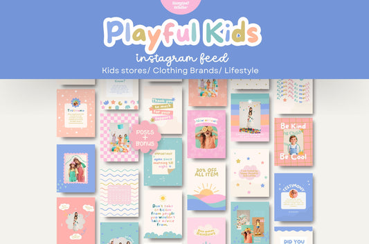 Plantilla de Instagram divertida y colorida para marcas de ropa infantil y tiendas infantiles: 41 publicaciones + historias para Canva