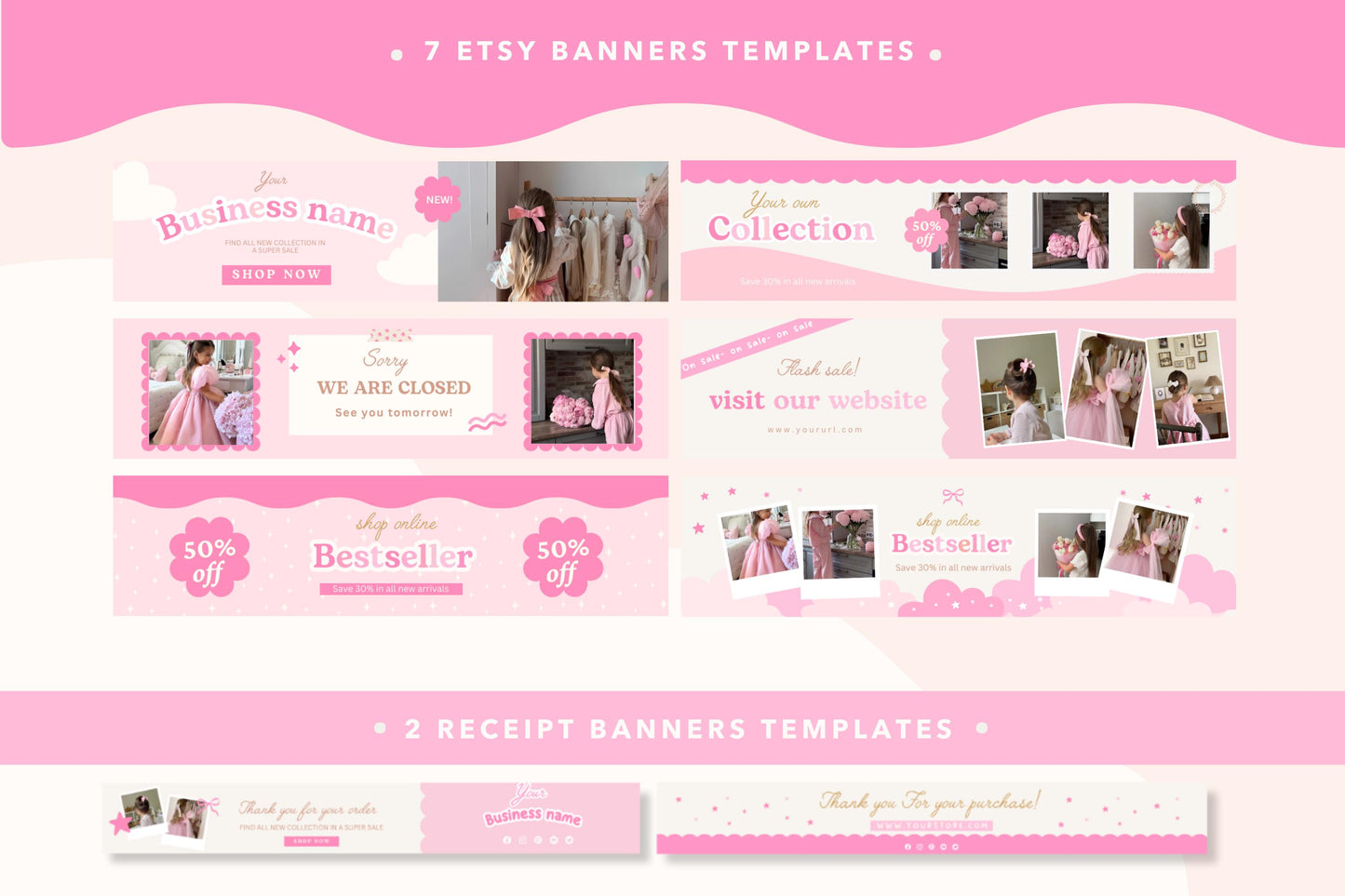 Kit de tienda Etsy rosa, lindo y divertido: incluye plantillas de banner y anuncios para Etsy. Plantillas divertidas de Canva para impulsar tu tienda online.