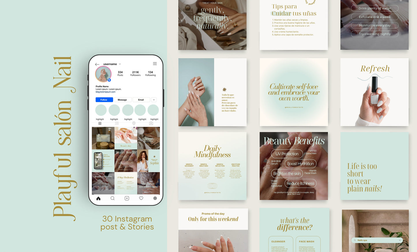 Plantillas de Instagram Canva para publicaciones e historias de belleza y salón de uñas, alto impacto visual y estrategia de participación para pequeñas empresas, feed estético