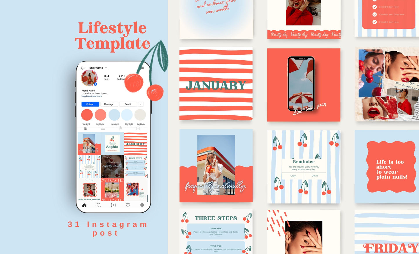 Plantilla moderna de Instagram con temática de cerezas / Diseño elegante y con estilo para redes sociales / Publicación moderna en Canva / Herramientas para pequeñas empresas / Feed de influencers