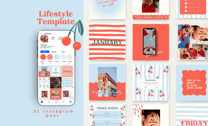 Plantilla moderna de Instagram con temática de cerezas / Diseño elegante y con estilo para redes sociales / Publicación moderna en Canva / Herramientas para pequeñas empresas / Feed de influencers