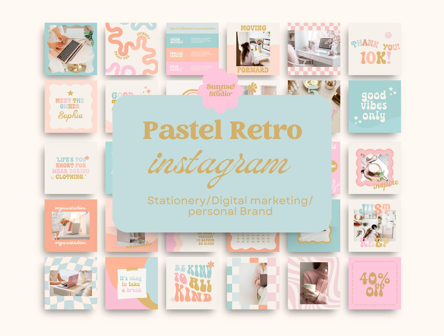 Estilo de vida moderno retro pastel Instagram/Canva: plantillas de publicaciones de alto impacto visual y estrategia de participación para pequeñas empresas, marketing digital