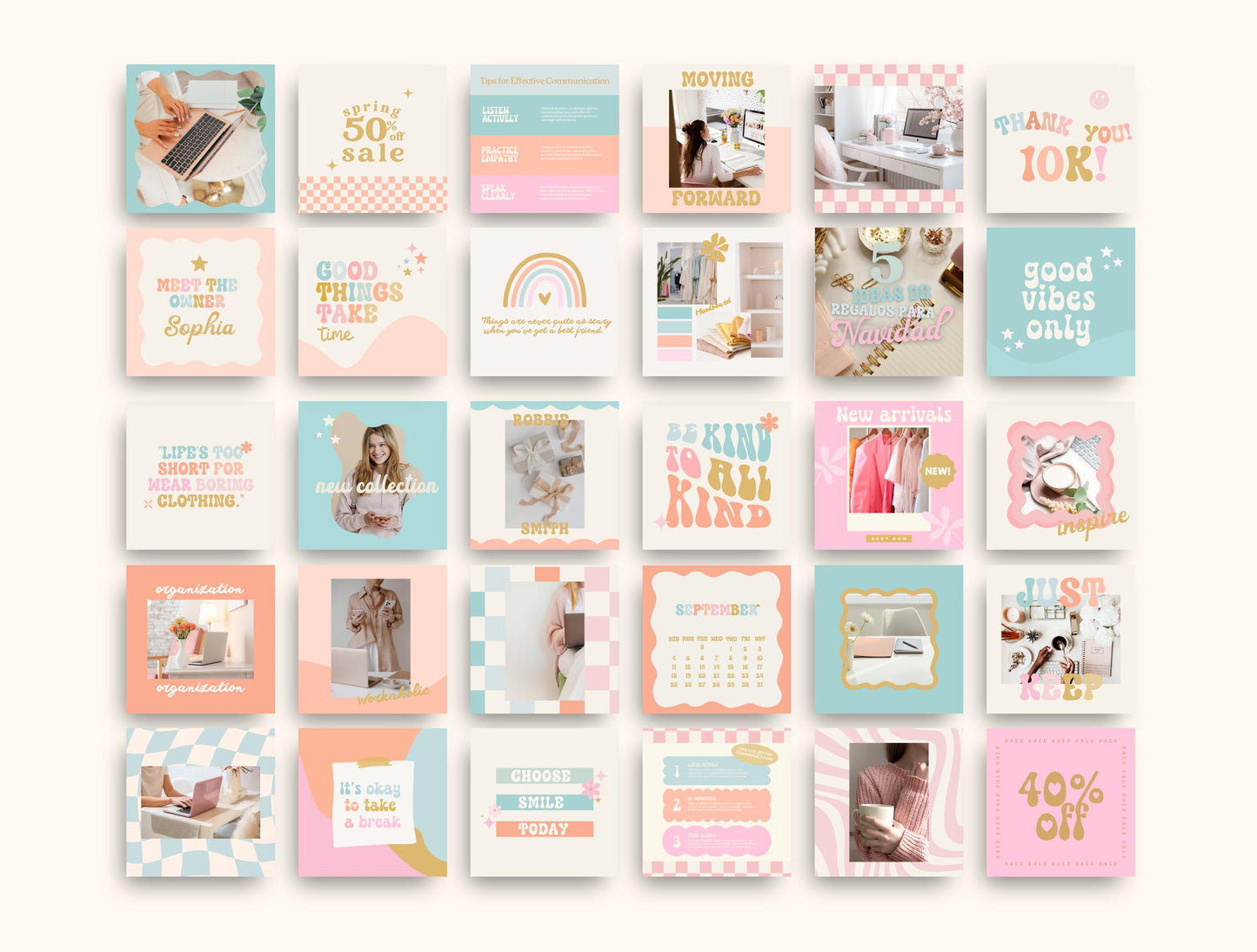 Estilo de vida moderno retro pastel Instagram/Canva: plantillas de publicaciones de alto impacto visual y estrategia de participación para pequeñas empresas, marketing digital