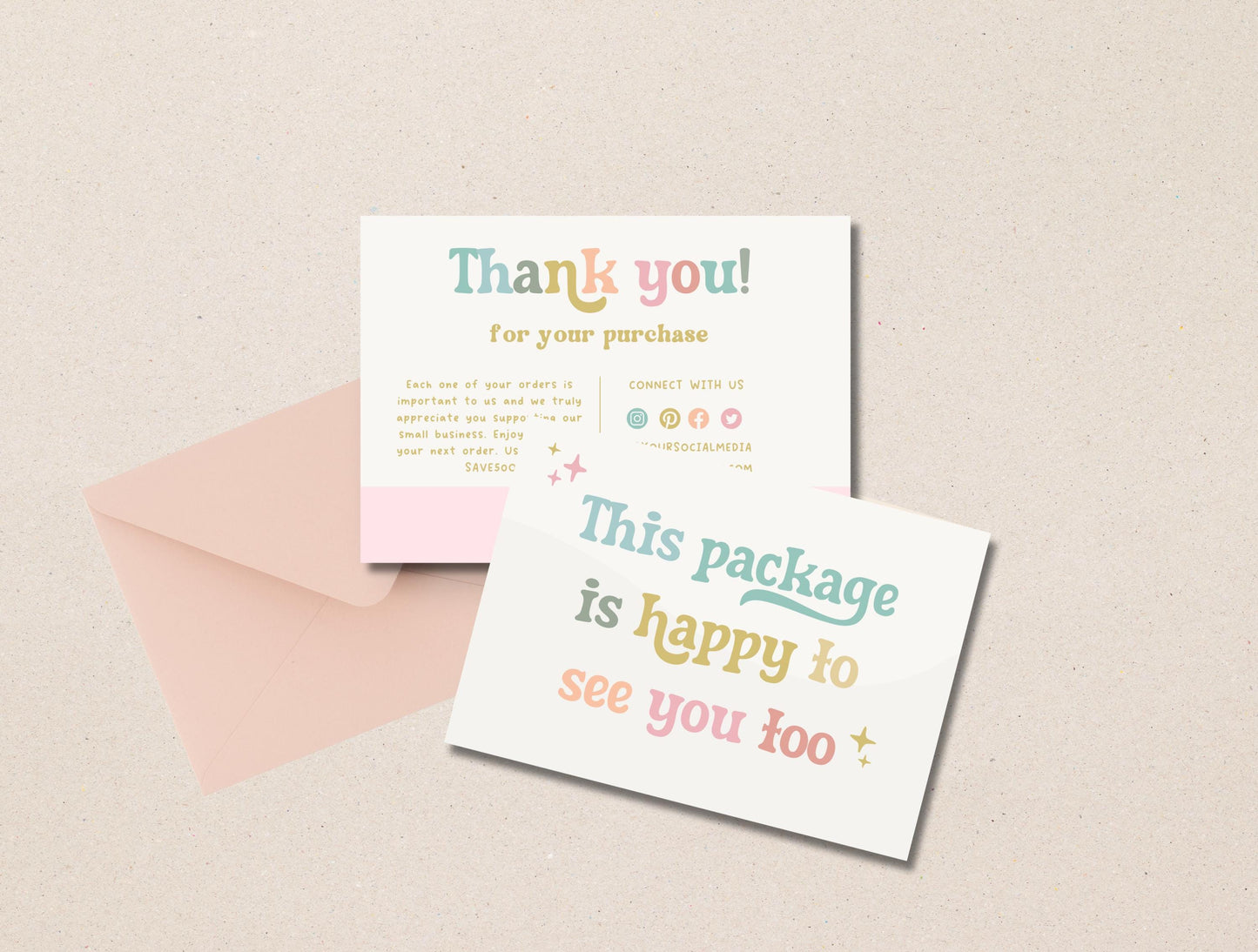 Plantilla de tarjeta de agradecimiento colorida y editable en CANVA, tarjeta de agradecimiento al cliente, inserto de empaque para pequeñas empresas HC01