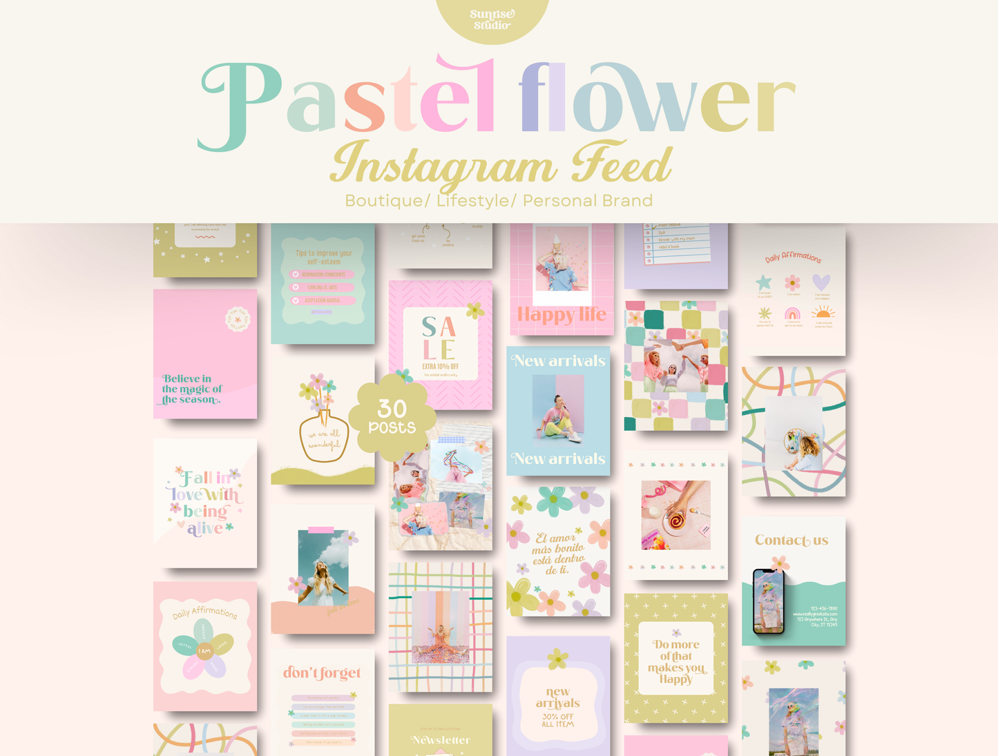 Hand-Drawn Floral Instagram Template | Pastel Canva Template for Small Business Branding & Aesthetic Feed