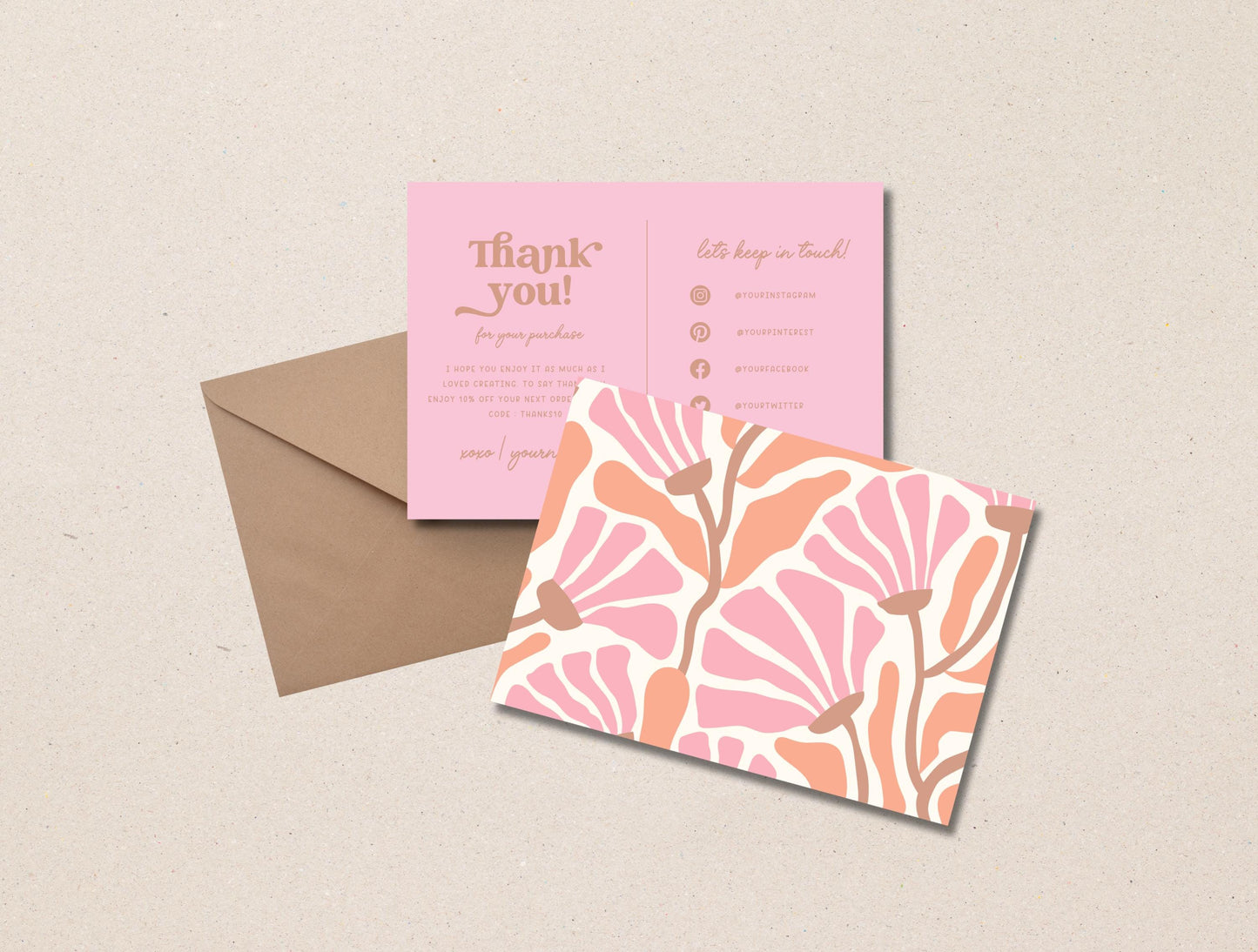 Plantilla de Canva de tarjeta de agradecimiento con flores abstractas editables/tarjeta de agradecimiento al cliente/inserto de empaque para pequeñas empresas