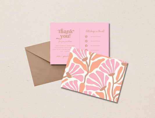 Plantilla de Canva de tarjeta de agradecimiento con flores abstractas editables/tarjeta de agradecimiento al cliente/inserto de empaque para pequeñas empresas