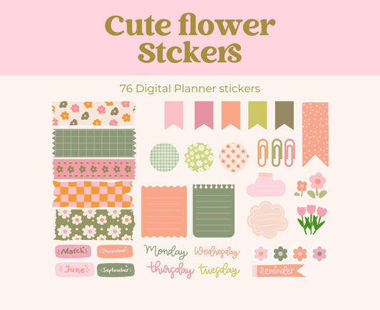 Pegatinas de flores bonitas y brillantes / Pegatinas de Goodnotes / Pegatinas de planificador / Pegatinas de moda / Pegatinas de planificador digital