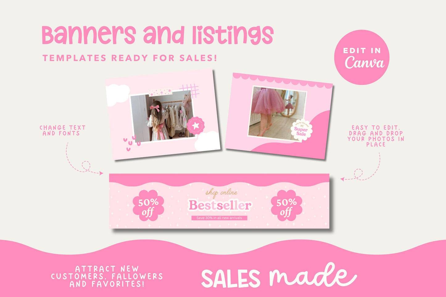 Kit de tienda Etsy rosa, lindo y divertido: incluye plantillas de banner y anuncios para Etsy. Plantillas divertidas de Canva para impulsar tu tienda online.