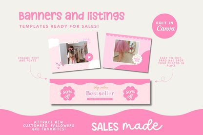 Kit de tienda Etsy rosa, lindo y divertido: incluye plantillas de banner y anuncios para Etsy. Plantillas divertidas de Canva para impulsar tu tienda online.