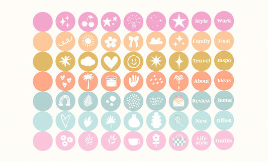 Portada destacada de historia de Instagram % Íconos dibujados a mano e íconos de redes sociales lindos en colores pastel / Plantilla Canva para perfiles creativos