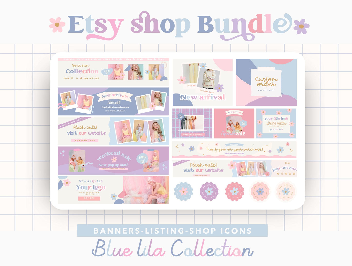 Kit de tienda Etsy Blue Lila lúdico: paquete de plantillas de banner y anuncios de Etsy - Plantillas divertidas de Canva para impulsar tu tienda online