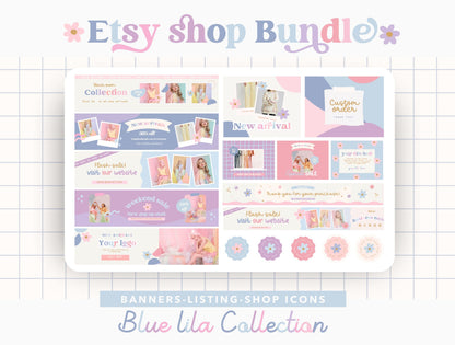 Kit de tienda Etsy Blue Lila lúdico: paquete de plantillas de banner y anuncios de Etsy - Plantillas divertidas de Canva para impulsar tu tienda online