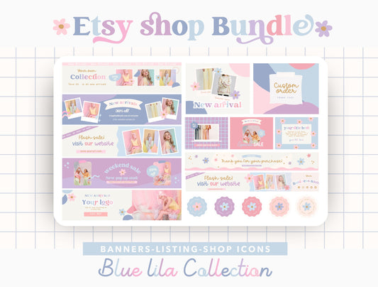 Kit de tienda Etsy Blue Lila lúdico: paquete de plantillas de banner y anuncios de Etsy - Plantillas divertidas de Canva para impulsar tu tienda online