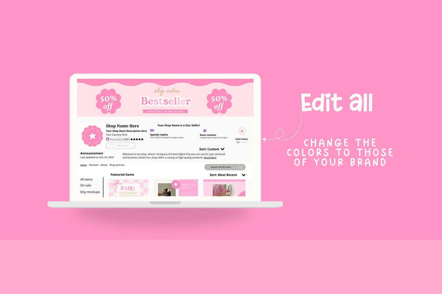 Kit de tienda Etsy rosa, lindo y divertido: incluye plantillas de banner y anuncios para Etsy. Plantillas divertidas de Canva para impulsar tu tienda online.