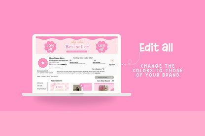 Kit de tienda Etsy rosa, lindo y divertido: incluye plantillas de banner y anuncios para Etsy. Plantillas divertidas de Canva para impulsar tu tienda online.