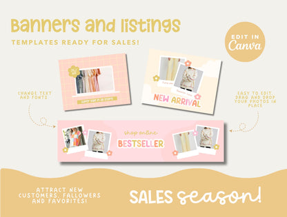 Kit de tienda Etsy con temática de atardecer - Plantillas de banner y anuncios de Etsy - Plantillas divertidas de Canva para impulsar tu tienda online