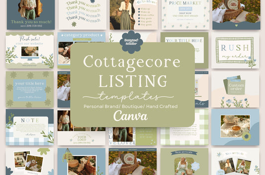 Plantillas de anuncios de Etsy de estilo cottagecore en Canva / Plantillas de publicaciones estéticas dibujadas a mano / Kit de redes sociales editable con estilo bohemio caprichoso