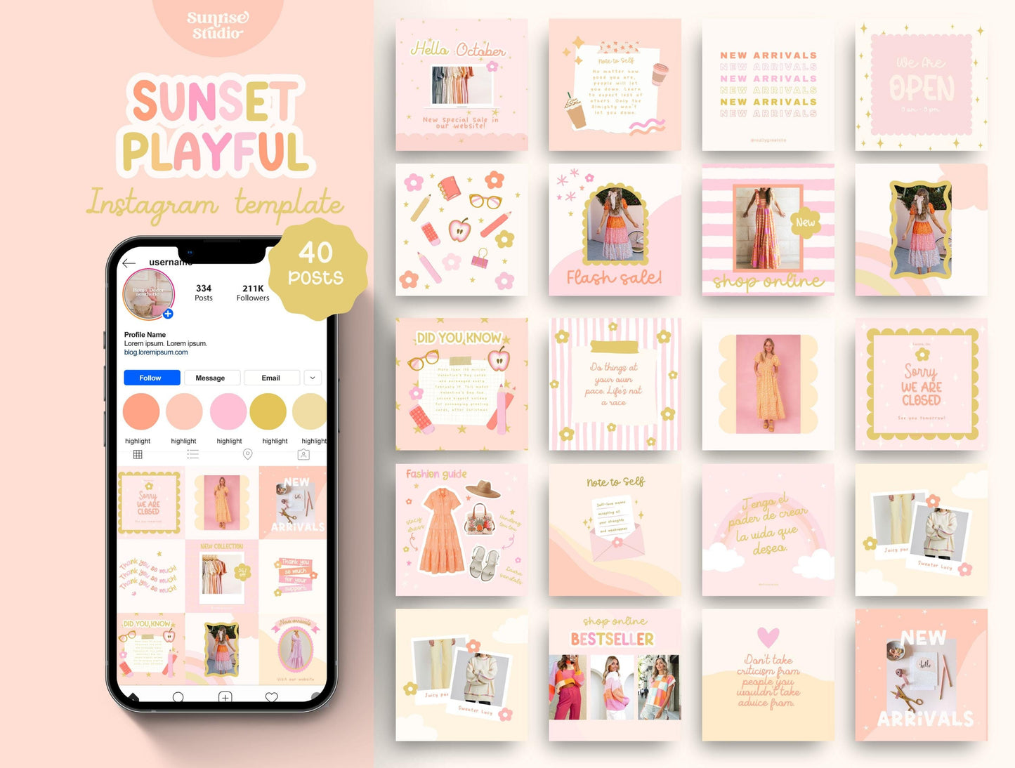Plantilla de Instagram de Sunset Playful / Feed de Instagram de boutique / Feed de moda / Plantilla de compromiso