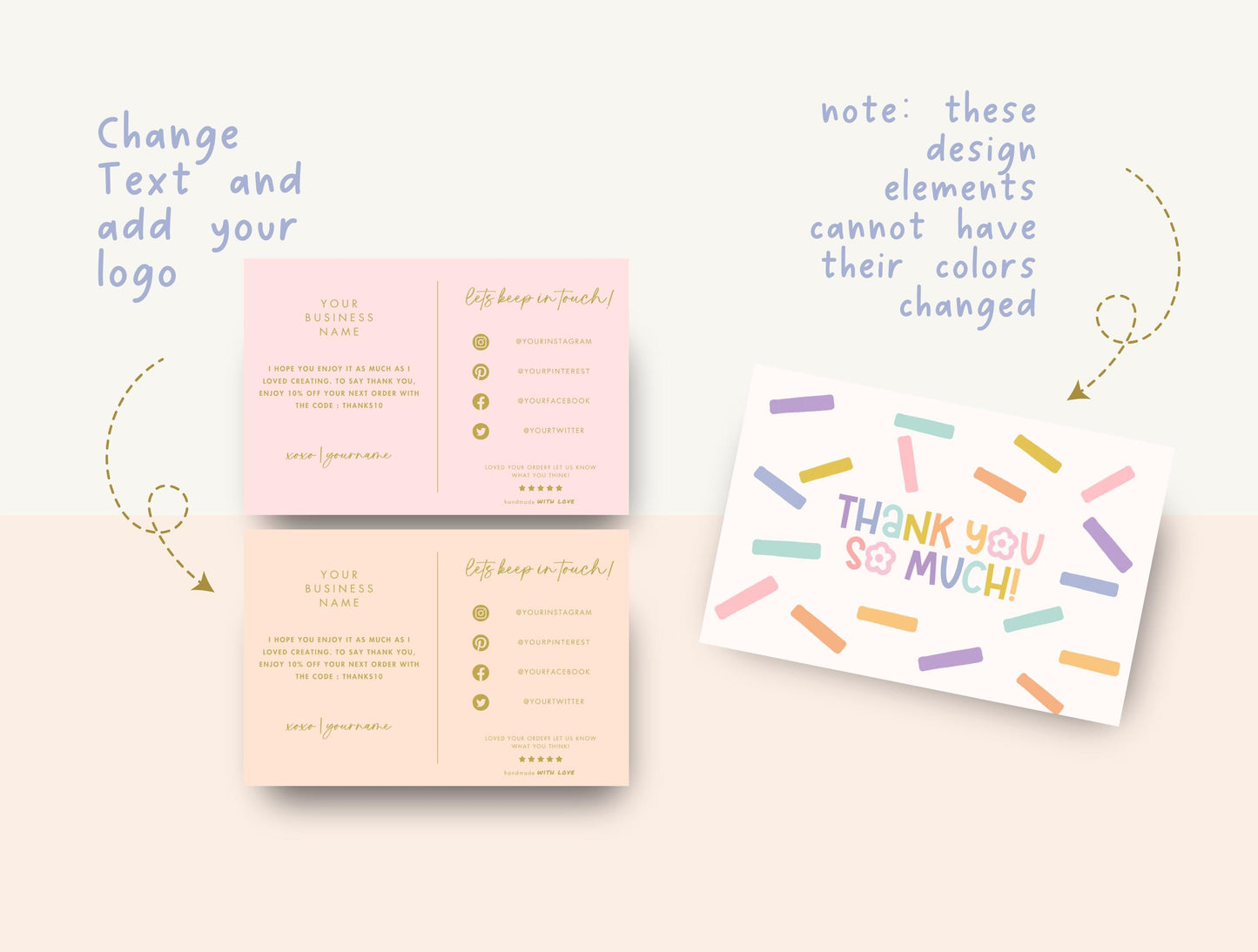 Plantilla de tarjeta de agradecimiento divertida y brillante / tarjeta de presentación pequeña / diseño de marca / empaque de marca / agradecimiento al cliente