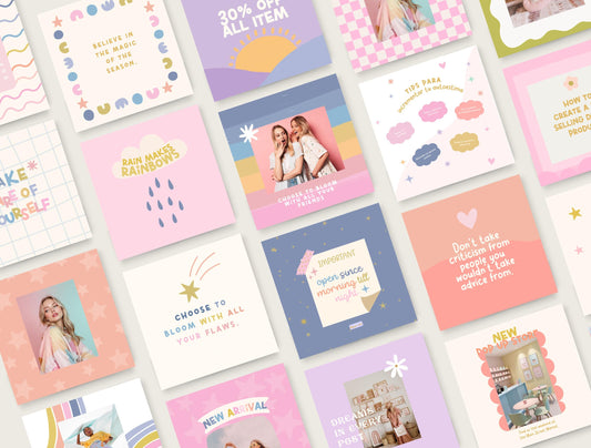 Paquete de plantillas de Instagram de arcoíris: diseño de compromiso, feed colorido, ilustraciones dibujadas a mano.