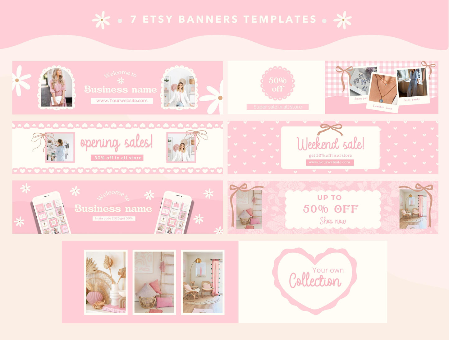 Banners para tiendas Etsy / Diseño de marca delicado y coqueto con estética rosa para su tienda / Banners y gráficos personalizables