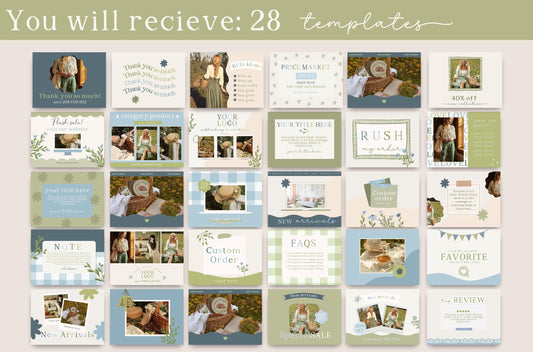 Plantillas de anuncios de Etsy de estilo cottagecore en Canva / Plantillas de publicaciones estéticas dibujadas a mano / Kit de redes sociales editable con estilo bohemio caprichoso