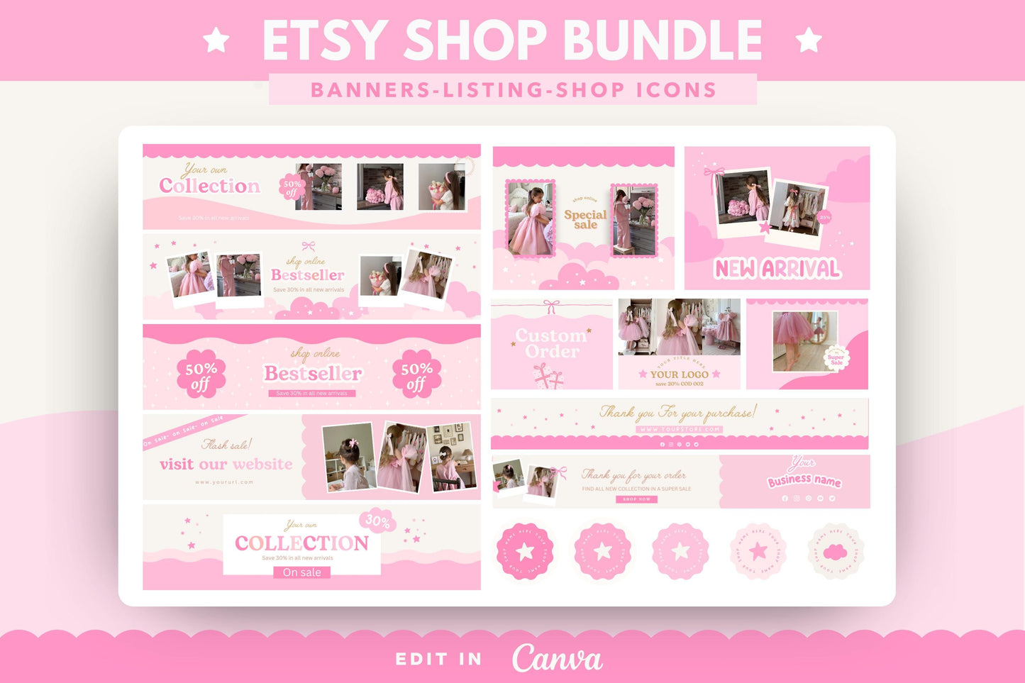 Kit de tienda Etsy rosa, lindo y divertido: incluye plantillas de banner y anuncios para Etsy. Plantillas divertidas de Canva para impulsar tu tienda online.
