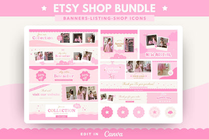 Kit de tienda Etsy rosa, lindo y divertido: incluye plantillas de banner y anuncios para Etsy. Plantillas divertidas de Canva para impulsar tu tienda online.