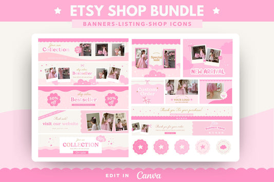 Kit de tienda Etsy rosa, lindo y divertido: incluye plantillas de banner y anuncios para Etsy. Plantillas divertidas de Canva para impulsar tu tienda online.