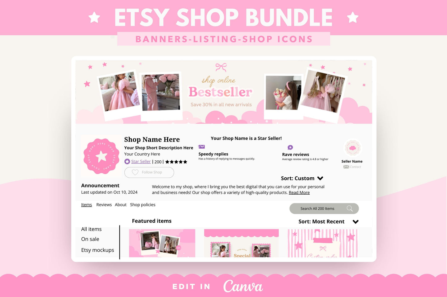 Kit de tienda Etsy rosa, lindo y divertido: incluye plantillas de banner y anuncios para Etsy. Plantillas divertidas de Canva para impulsar tu tienda online.