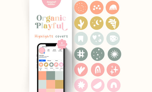 Portada de Instagram destacada con temática lúdica y orgánica, iconos dibujados a mano, iconos de redes sociales, iconos pastel de Instagram, plantilla de Canva