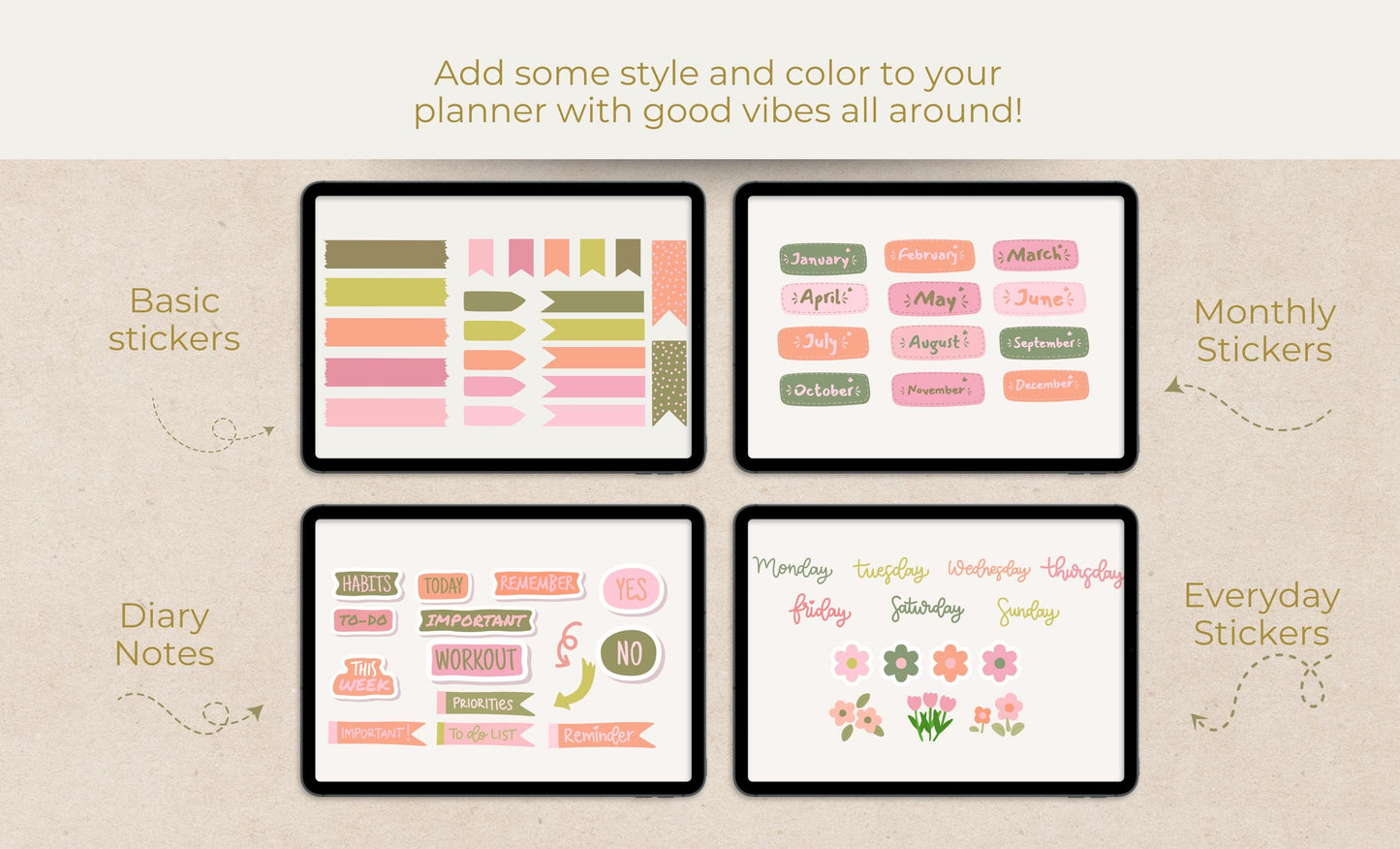 Pegatinas de flores bonitas y brillantes / Pegatinas de Goodnotes / Pegatinas de planificador / Pegatinas de moda / Pegatinas de planificador digital