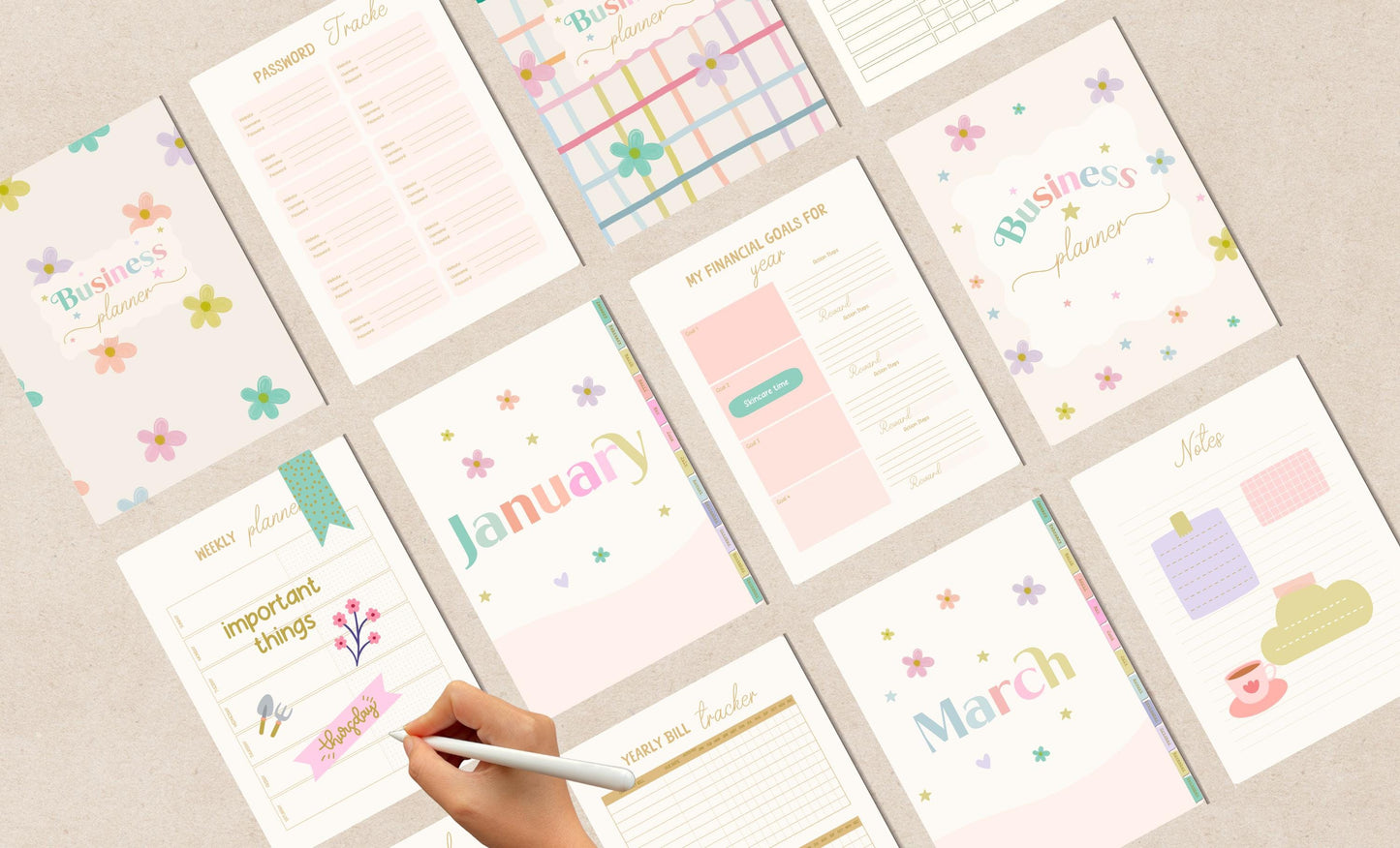 Planificador de negocios digital/planificador GoodNote/calcomanías para planificador/planificador con flores en tonos pastel/planificador para pequeñas empresas