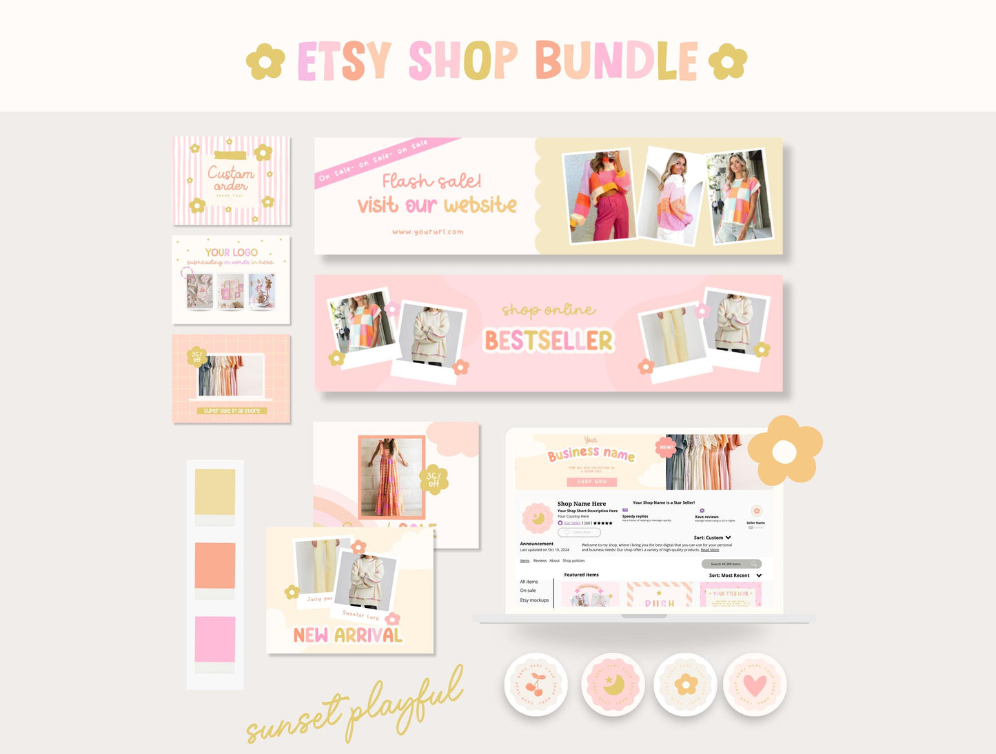 Kit de tienda Etsy con temática de atardecer - Plantillas de banner y anuncios de Etsy - Plantillas divertidas de Canva para impulsar tu tienda online