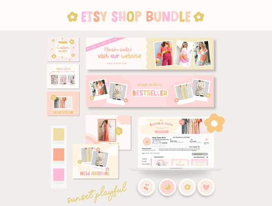 Kit de tienda Etsy con temática de atardecer - Plantillas de banner y anuncios de Etsy - Plantillas divertidas de Canva para impulsar tu tienda online