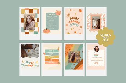 Plantillas de paquete de feeds de Instagram de Feliz Día de Acción de Gracias - Impulsa la participación - Plantilla de ventas navideñas - Feed de otoño - Plantilla de Canva de otoño - Historia de ventas