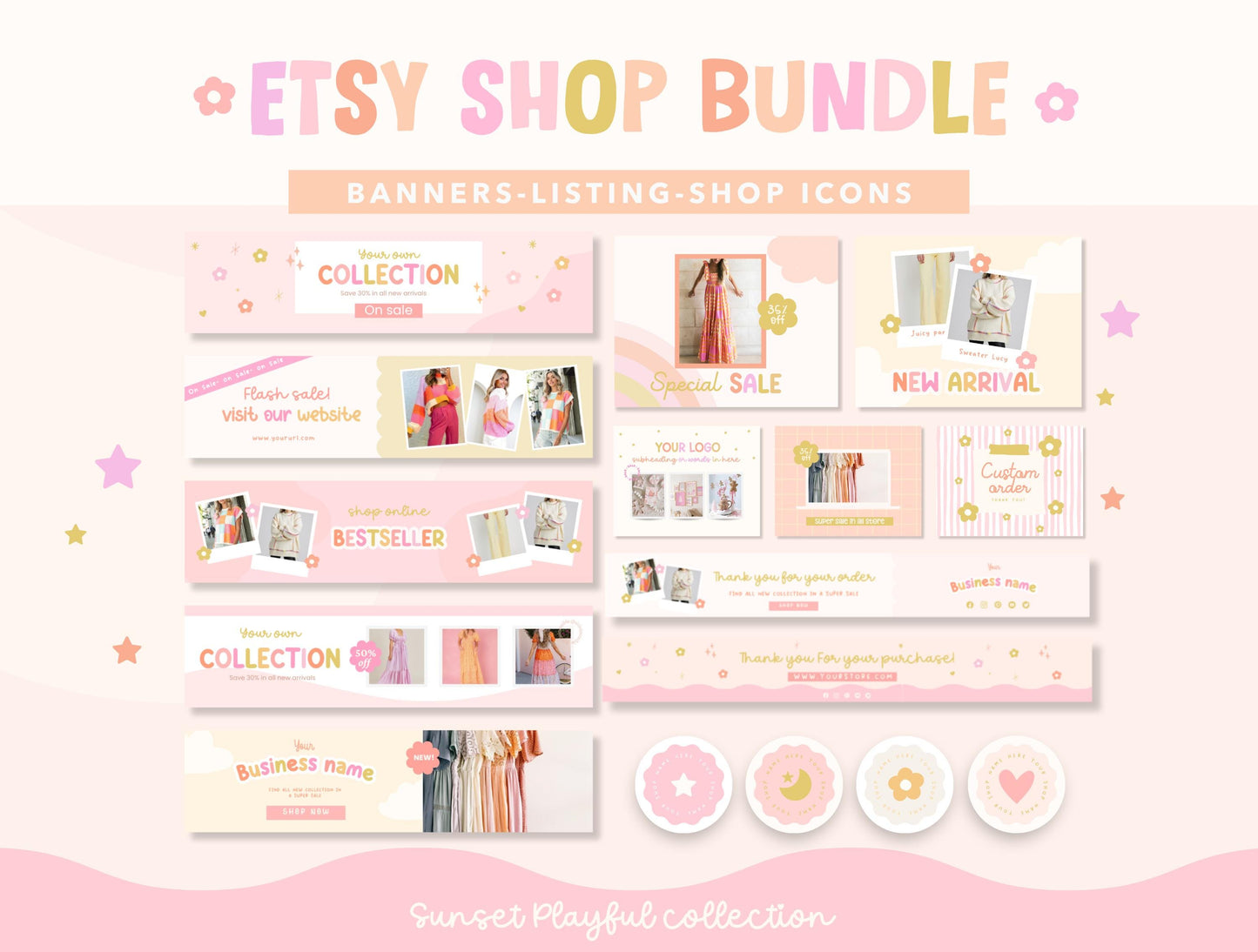 Kit de tienda Etsy con temática de atardecer - Plantillas de banner y anuncios de Etsy - Plantillas divertidas de Canva para impulsar tu tienda online