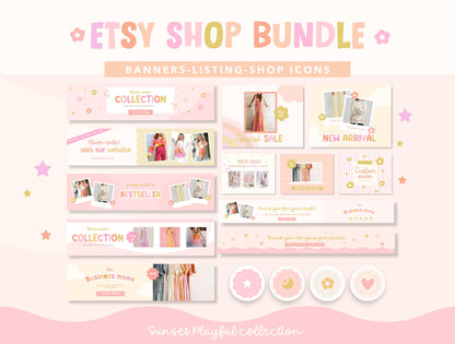 Kit de tienda Etsy con temática de atardecer - Plantillas de banner y anuncios de Etsy - Plantillas divertidas de Canva para impulsar tu tienda online