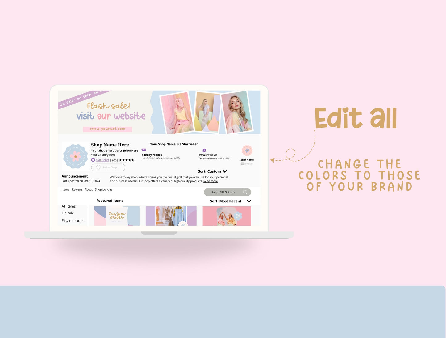 Kit de tienda Etsy Blue Lila lúdico: paquete de plantillas de banner y anuncios de Etsy - Plantillas divertidas de Canva para impulsar tu tienda online