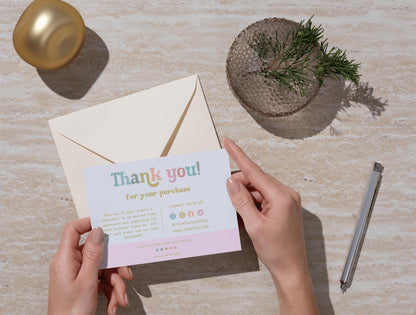 Plantilla de tarjeta de agradecimiento colorida y editable en CANVA, tarjeta de agradecimiento al cliente, inserto de empaque para pequeñas empresas HC01