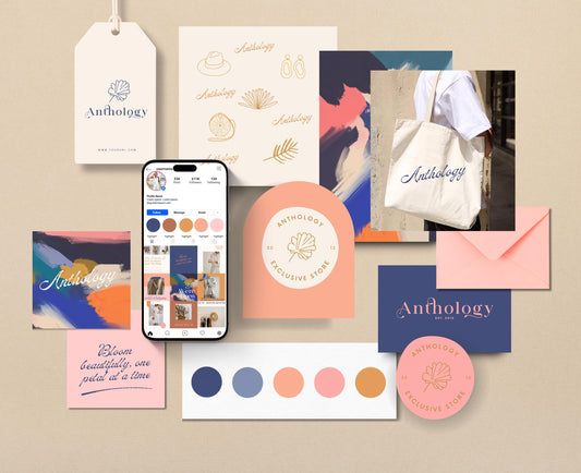 Kit de marca bohemia artística prediseñado para boutiques / Tablero de marca personalizable, logotipos, pegatinas, patrones y plantillas de Instagram / Descarga instantánea