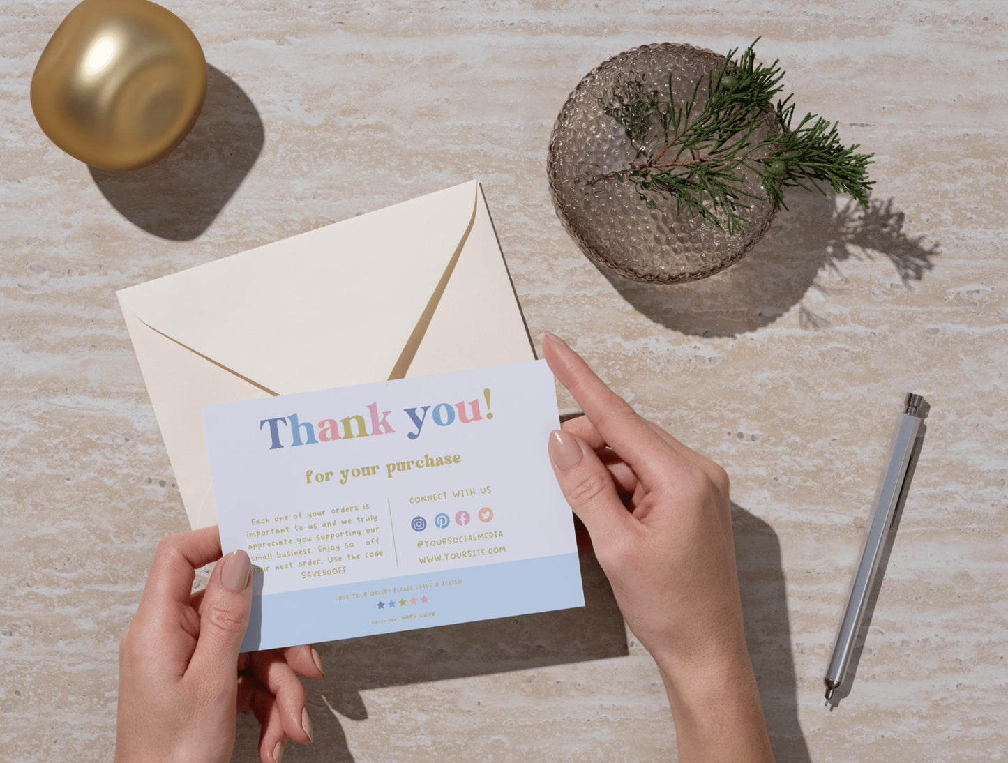 Plantilla de Canva de tarjeta de agradecimiento colorida editable/tarjeta de agradecimiento al cliente/inserto de empaque para pequeñas empresas